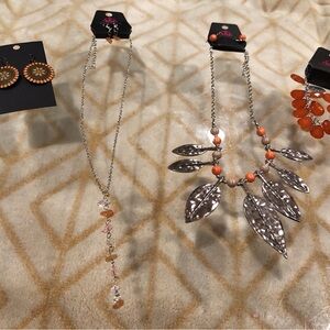 Paparazzi 4pc Orange & Silver Boho Jewelry Set Leaf & Stone Necklaces & Earrings